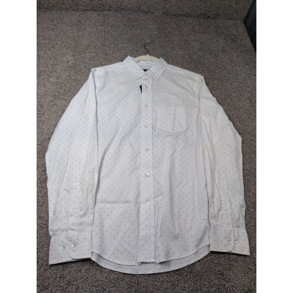 George Mens Classic Fit Long Sleeve Polka Dot Button Down Shirt White Blue S